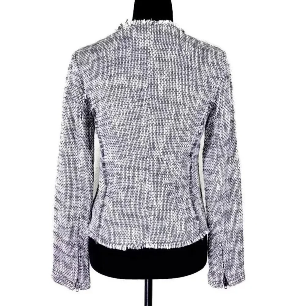 Joie Blazer Size S Gray White Tweed Zip Front Sleeve Fringe Trim Zipper Cuffs